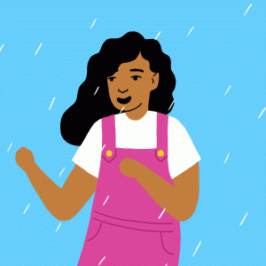An illustration of a young girl playing in the rain